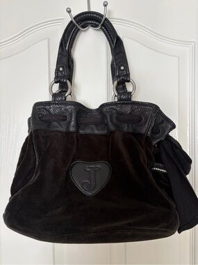 Juicy Couture Y2K Vintage Black Velour and Leather Shoulder Bag